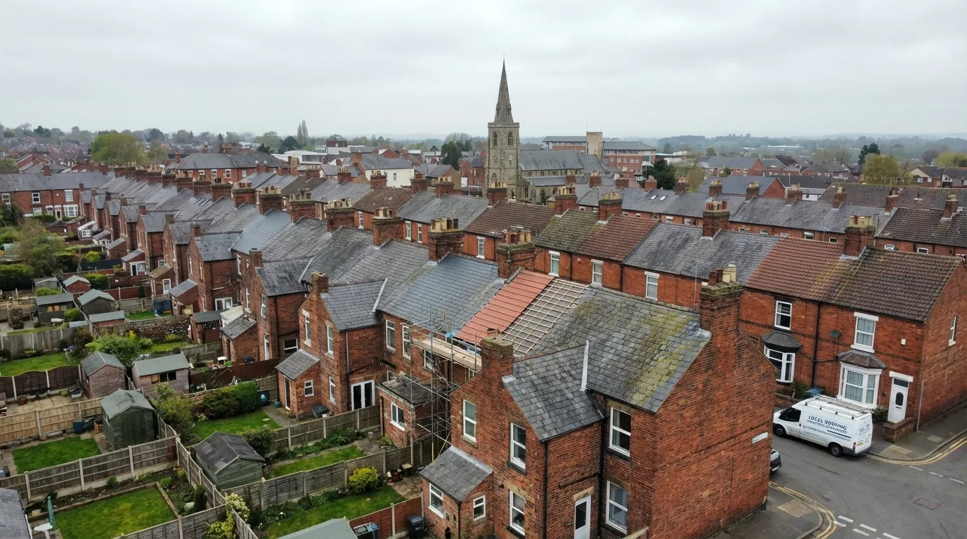 Aerial view of rooftops across a Cambridgeshire town