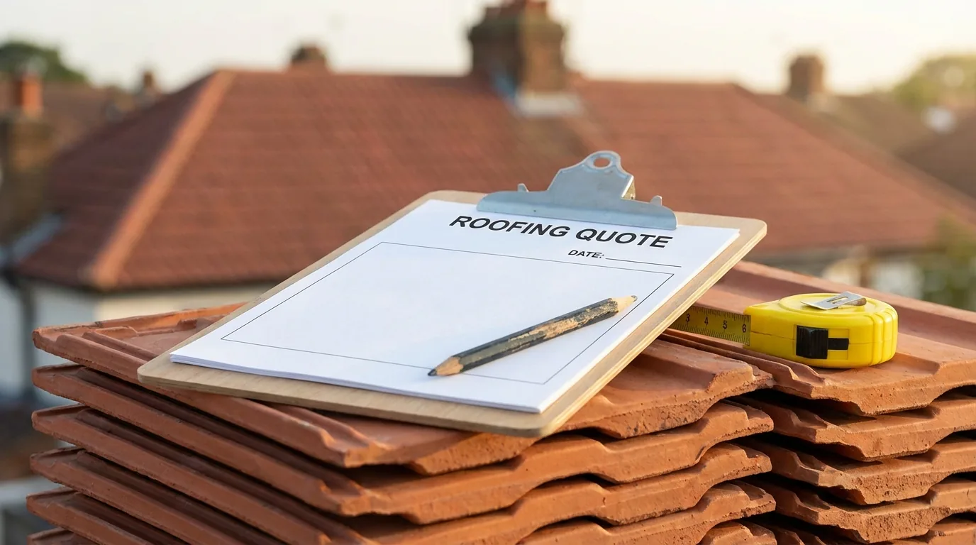 Roofing quote clipboard on roof tiles